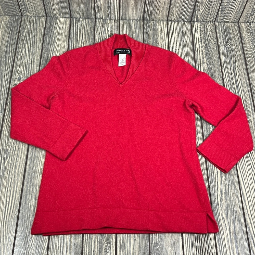 Jones New York Sweater Womens Size Medium Red 100% Cashmere V-Neck Pullover Soft